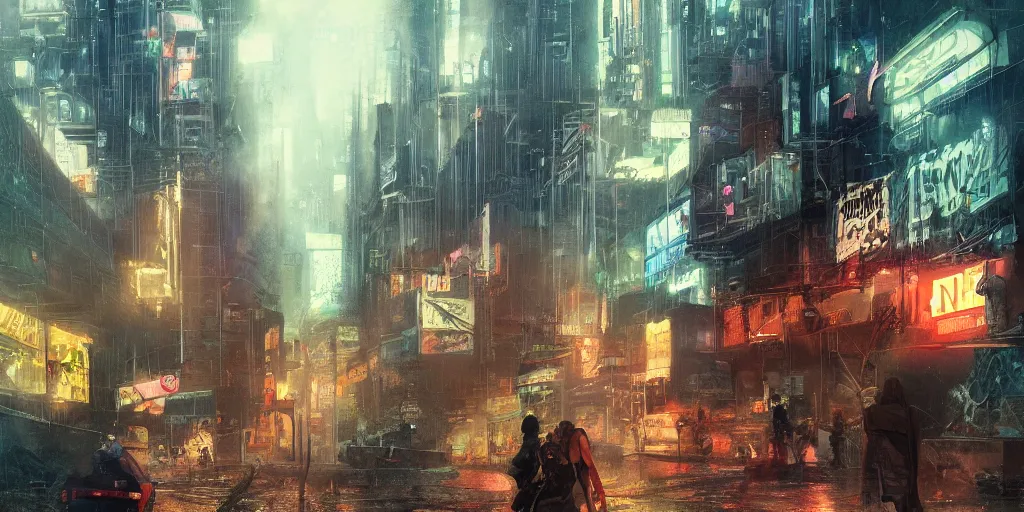 Image similar to a guatemalan solitary cyberpunk city, abandoned with neon ads and signs with evocative dramatic mood, fog, by jeremy mann and alphonse mucha, fantasy art, photo realistic, sunshaft, bloom, imax, dynamic lighting, artstation, poster, volumetric lighting, very detailed faces, 4 k, award winning