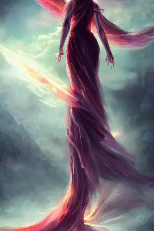 Prompt: Backview of the Flame Fairy Goddess in an Arcane Dress, atmospheric, volumetric lighting, realistic, illustration, fantasy, magic, arcane energy, ultra detailed