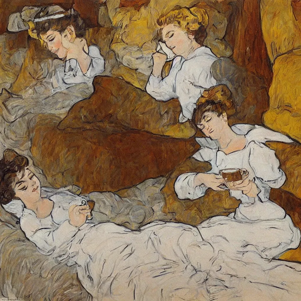 Image similar to a beautiful painting of a beautiful far woman drinking coffee in a bed with white sheets drinking coffee in the style of telous lautrec