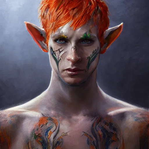 Image similar to portrait painting of an elven young man with short light orange hair and tribal tattoos on his face wearing fur armor, sharp focus, award - winning, trending on artstation, masterpiece, highly detailed, intricate. art by seb mckinnon