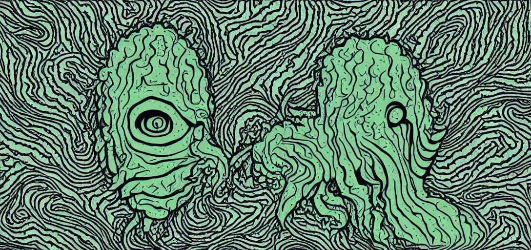 Prompt: shape-shifting Cthulhu lost in the tv show Twin Peaks, fractal tile, mike judge art style, 90s mtv illustration, surrealism, David Lynch's hair