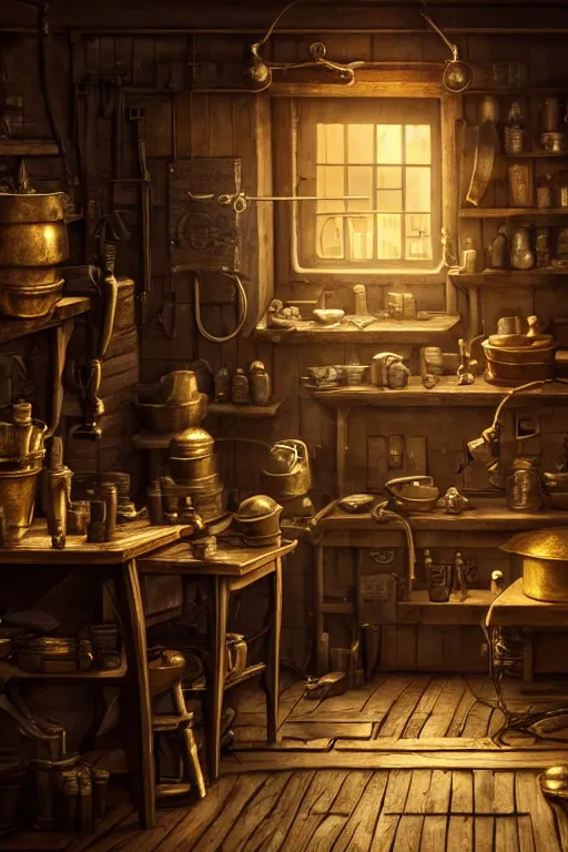 Prompt: a glowing gold coin on the anvil, blacksmith's shop interior, cinematic lighting. digital art by WLOP, highly detailed, illustration.