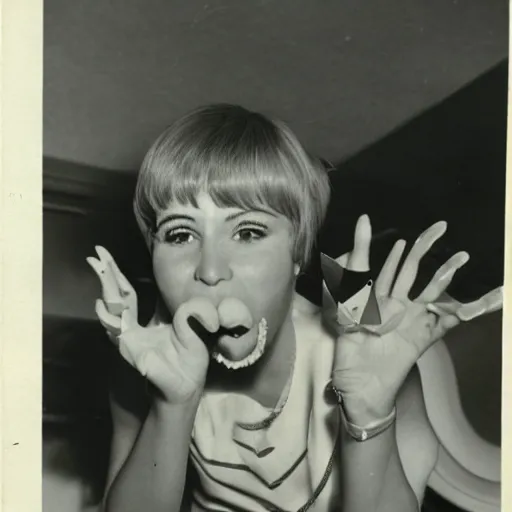 Prompt: 1960s photo of a peppermint on somebody\'s extended tongue