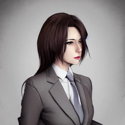 Image similar to woman in grey business suit, brown neat hair, pixiv, fanbox, trending on artstation, portrait, digital art, modern, sleek, highly detailed, formal, serious, determined, competent, colorized, smooth, charming, pretty, safe for work, thick
