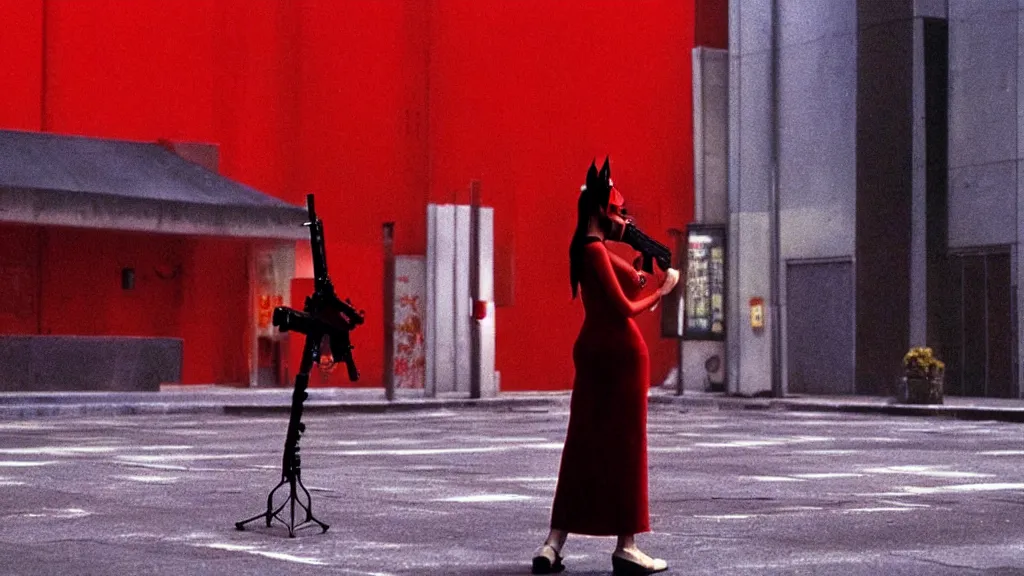 Prompt: a woman in a red dress wearing a red demon mask standing alone on an empty street in downtown Tokyo with a gun, film still from the an anime directed by Katsuhiro Otomo with art direction by Salvador Dalí, wide lens