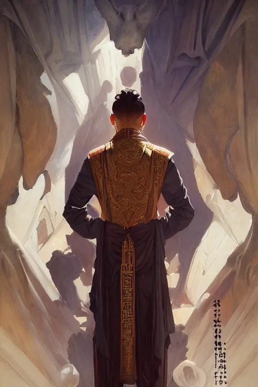 Image similar to male, temple, taoism, painting by greg rutkowski, j. c. leyendecker, artgerm