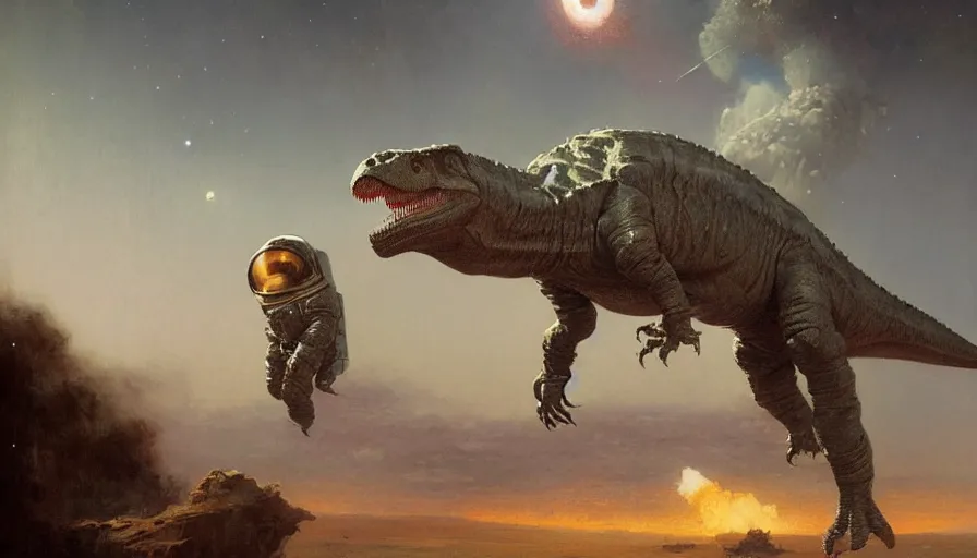 Image similar to tyrannosaurus dressed as an astronaut preparing to fly into space, illustrated by Greg Rutkowski and Gaston Bussiere, 8k