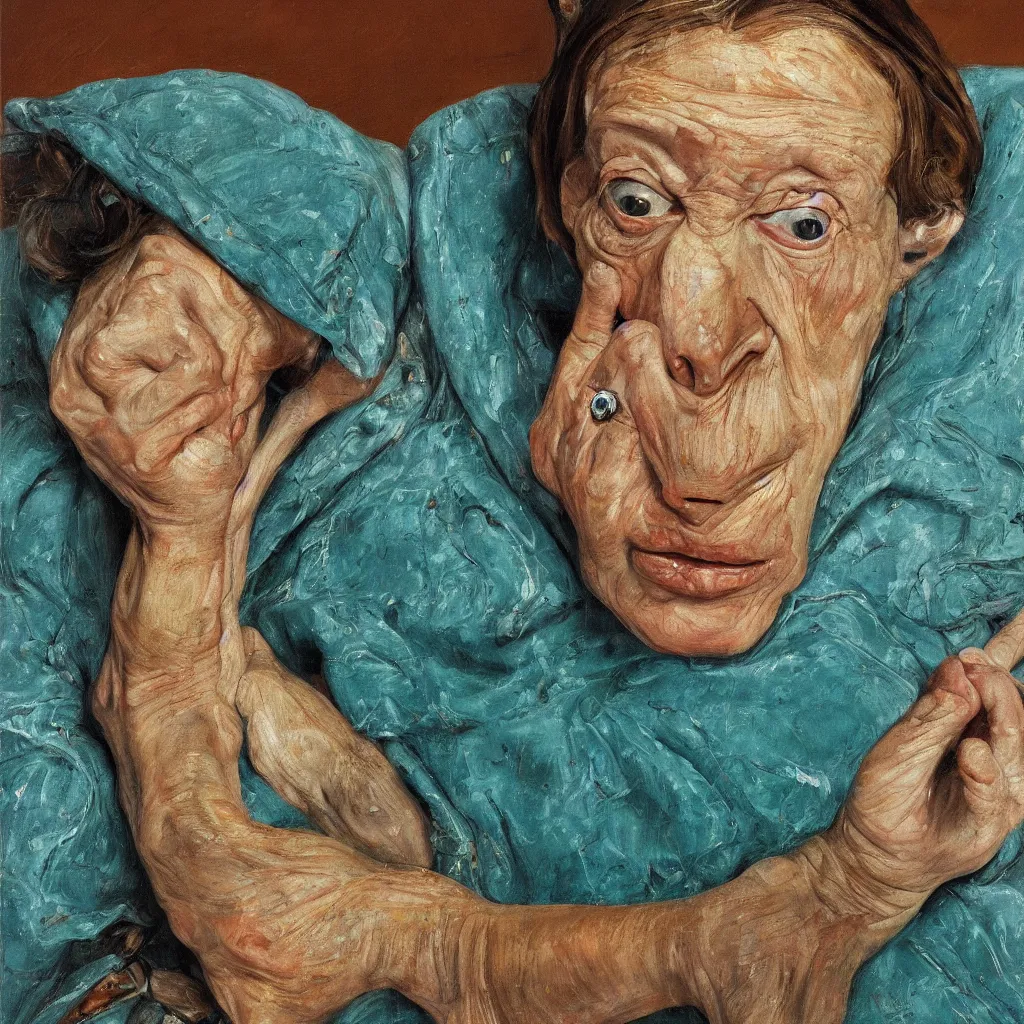 Prompt: high quality high detail painting by lucian freud, jenny savile, unsettling portrait, turquoise, hd