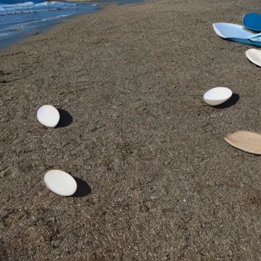 Prompt: oval-shaped woks on a beach with ocean in the background, photorealistic, 8k