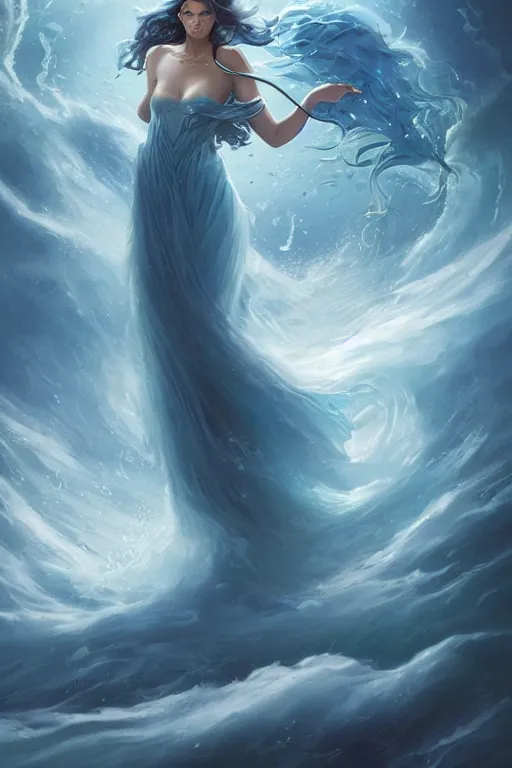 Prompt: beautiful powerful water goddess clothed in a flowing blue gown strides through a stormy sea, detailed matte fantasy portrait, dynamic lighting, bokeh backdrop, by greg rutkowski, by peter mohrbacher, by brom