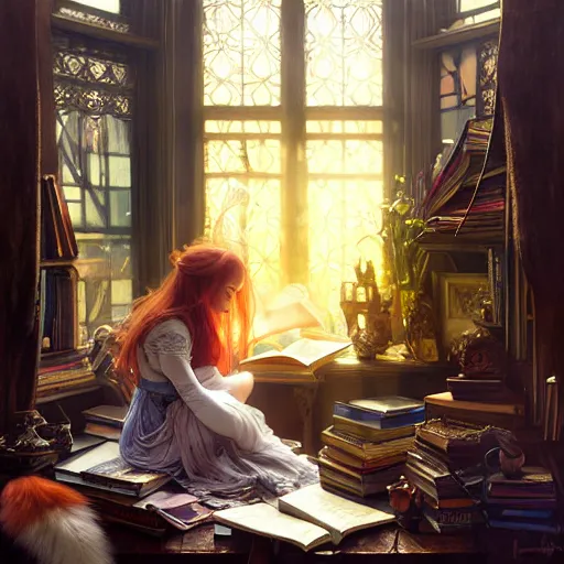 Prompt: Portrait of a girl in cluttered windowed study, reading a book while light streams in through the skylight, her pet fox sleeping beside her, fantasy, intricate, elegant, highly detailed, digital painting, artstation, concept art, smooth, sharp focus, illustration, art by Krenz Cushart and Artem Demura and alphonse mucha