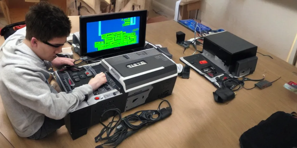 Prompt: hacker hacking a nintendo entertainment system console