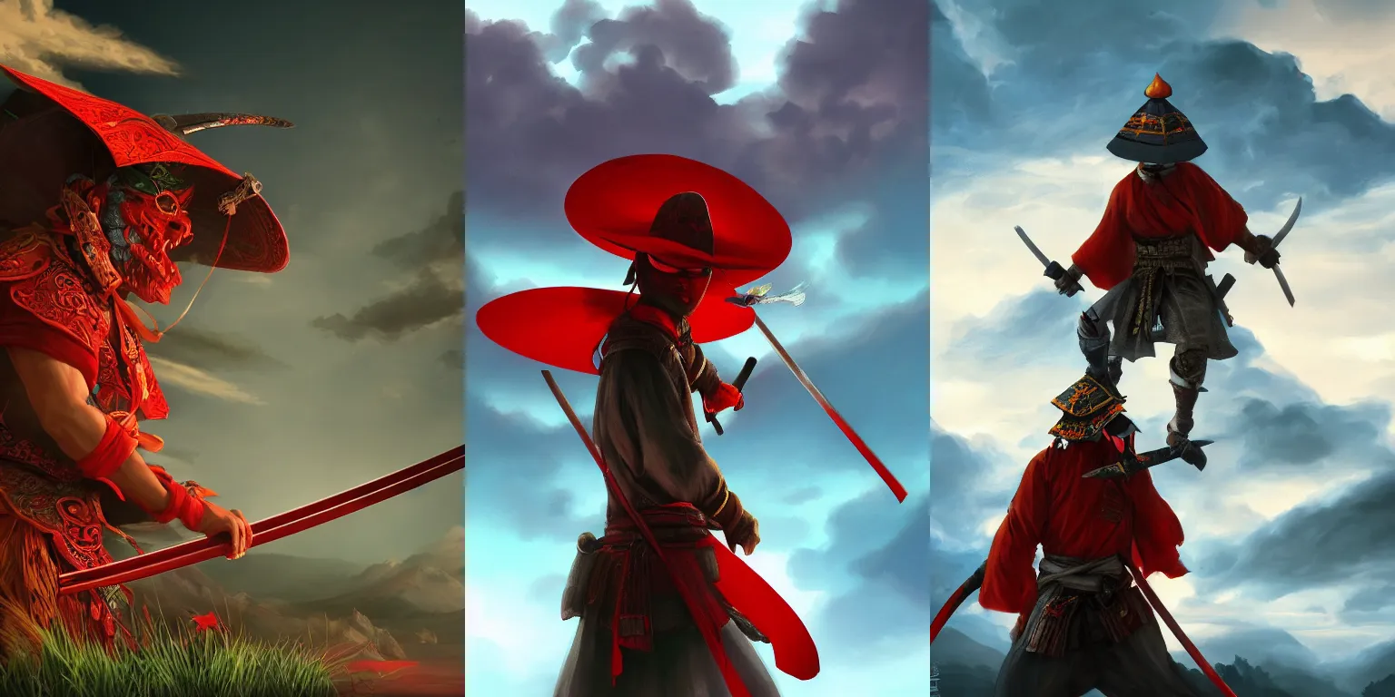 Prompt: Half-length portrait of a demon wearing an asian rice hat and a katana. Volumetric lighting, bloom, shadows. Red flux. Asian landscape, clouds. Fantasy, digital painting, HD, 4k, detailed.