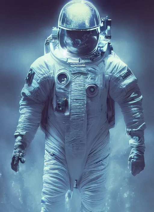 Image similar to astronauts in dark and empty void underwater - complex and hyperdetailed technical suit. reflection and dispersion materials. rays and dispersion of light. volumetric light. 5 0 mm, f / 3 2. noise film photo. flash photography. ultra realistic, wide angle. poster by wayne barlowe, hajime sorayama aaron horkey, craig mullins