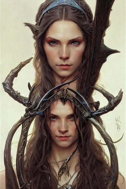 Image similar to portrait of a wise elven archer, dark, piercing eyes, gentle expression, elegant clothing, photorealistic, highly detailed, artstation, smooth, sharp focus, art by michael whelan, artgerm, greg rutkowski and alphonse mucha