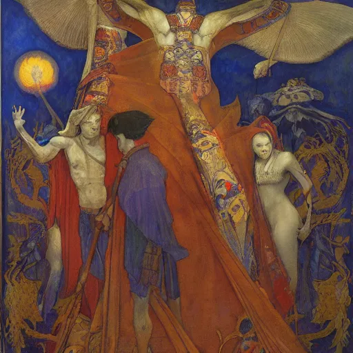 Prompt: war between the house of crows and the house of moths, by Annie Swynnerton and and Nicholas Roerich and Diego Rivera, symbolist, dramatic lighting, embroidered brocade robes, god rays, rich colors,smooth, sharp focus, extremely detailed