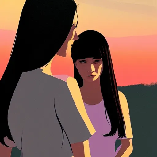 Image similar to 2 women standing side by side watching the sun go down by ilya kuvshinov