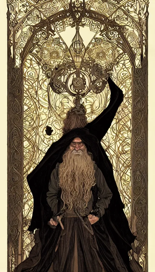 Image similar to one old man wore a black cloak, a black cloak and a white beard, highly detailed, very intricate, art nouveau, gold filigree, left right symmetry, tarot concept art watercolor illustration by mandy jurgens and alphonse mucha and alena aenami, featured on artstation