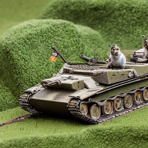 Image similar to 1/35 scale model of Tiger tanks sieging a group of guinea pigs in a garden, 8k, award winning photo, scale model photography,