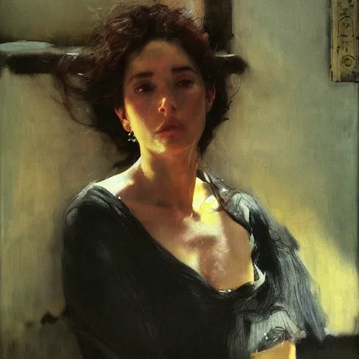 Image similar to a stunning masterful portrait of a confident spanish woman with messy hair and deep thinking eyes and traditional spanish clothes by andrew wyeth, john singer sargent, and norman rockwell, natural light, oil painting, ethereal, wong kar wai, strong brushwork