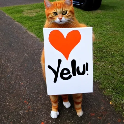 Image similar to cute orange tabby cat holds sign that says