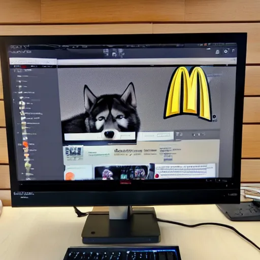 Image similar to a very big husky dog using his old lenovo desktop to search the internet for how to use Discord, there is a McDonalds across the street from the dog's house