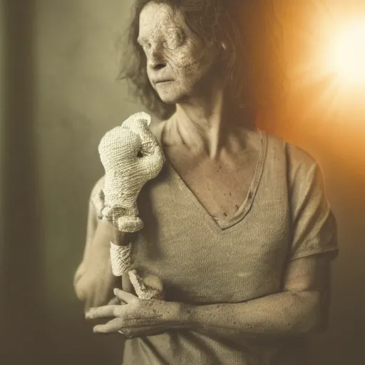 Image similar to a portrait of a woman made entirely of hands and fingers, soft sunlight dappling on her, she holds a hand puppet, in ancient airy building, award-winning photo