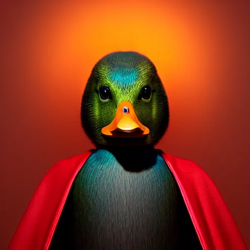 Prompt: photorealistic cute mallard duck, wearing cultist red robe, standing at an altar, black feathers, glowing arcane eyes, very detailed black feathers, ultra detailed, cgi, photorealistic, unreal engine 5, nft portrait, 3 d, digital art, 8 k, octane render, trending on art station