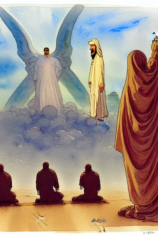 Image similar to a hyperrealist watercolour character concept art portrait of a group of middle eastern men kneeling down in prayer in front of a giant angel on a misty night in the desert. a ufo is in the background. by rebecca guay, michael kaluta, charles vess and jean moebius giraud