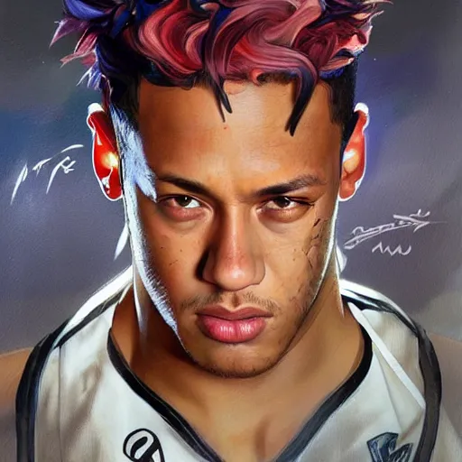 Prompt: Neymar Jr, art by Artgerm and Greg Rutkowski and Alphonse Mucha