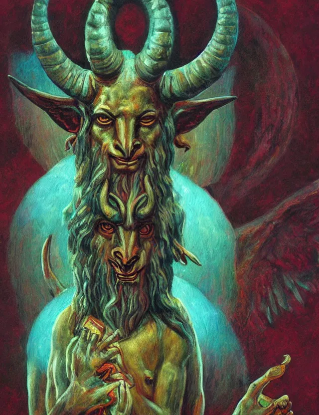 Image similar to the ancient god Baphomet, horned god of wisdom gnostic mystery religion, oil painting (beautiful) by Brom, chromatic aberration strange colors