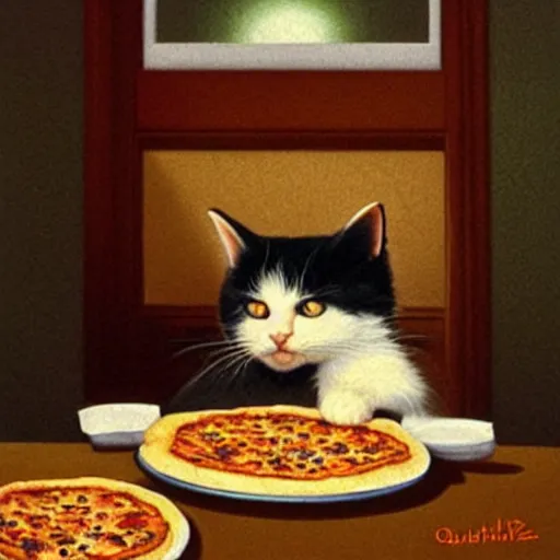 Image similar to calico cat eating pizza by Quint Buchholz