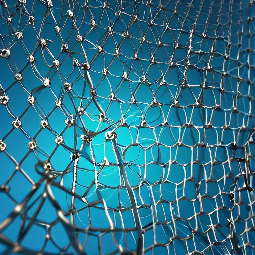 Prompt: crystal hung in a fine chain net, crystal shining with an inner blue radiance, realistic, octane render