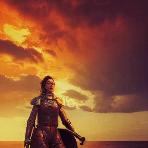 Image similar to susan is on a ship and looking to dramatic golden neon sunset with wall of storm clouds, susan is a medieval woman ship pilot with long side part hair shaved and wearing breastplate, dynamic lighting, hyperrealistic, hd 4 k, artstation