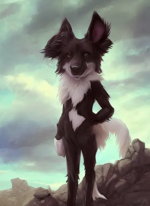 Image similar to wide angle beautiful full body portrait of a cute male anthropomorphic anthro border collie fursona wearing a jumpsuit on basalt columns, character design by charlie bowater, henry asencio, and ross tran, disney, scenic background, detailed, glamor pose, aesthetic, trending on artstation, furaffinity, deviantart