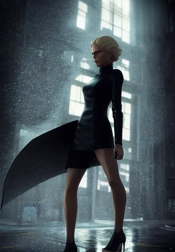 Image similar to cosmopolitan model annie leonhart posing with open toe heels in dunwall city, beautiful face, detailed face, realistic eyes, cinematic lighting, rainy weather, melancholy atmosphere, volumetric light, octane render, gothic architecture, realistic reflections, model agency, instagram photo, depression and despair