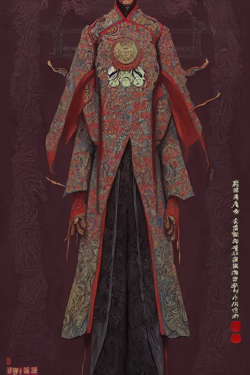 Image similar to ancient chinese zombies - body official clothes of the qing dynasty, symmetrical. sci - fi, tech wear, glowing lights, intricate, elegant, highly detailed, digital painting, highly detailed, digital painting, artstation, concept art, smooth, sharp focus, illustration, art by artgerm and greg rutkowski and alphonse mucha