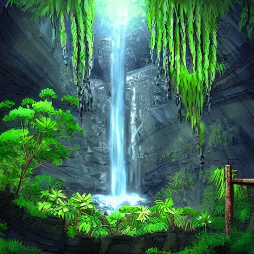 Prompt: ancient ruins,plants and waterfalls in the interior of a cave,digital art