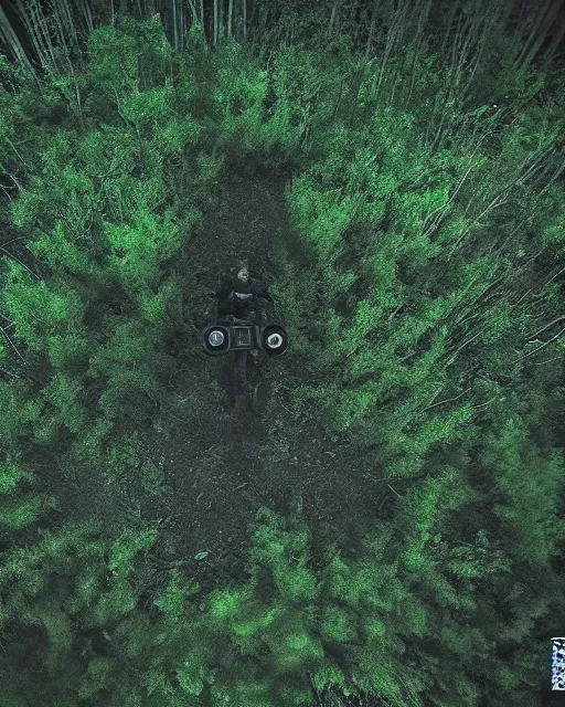 Prompt: dragon in forest at night, night vision goggles, shot from drone, grainy, national geographic, trail cam footage