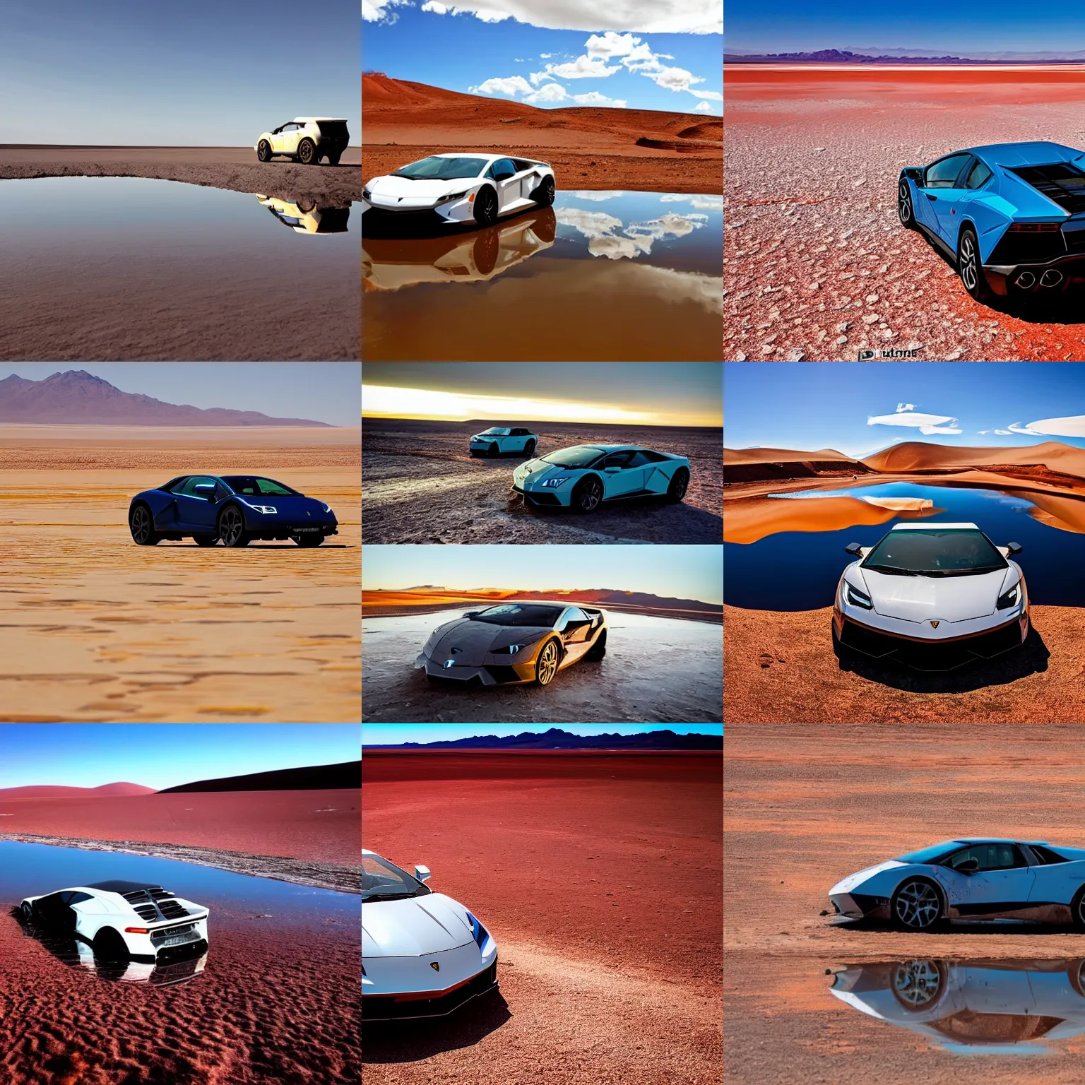 Prompt: photo of the salt deserts of bolivia with a lamborghini, water, reflections, sunny day
