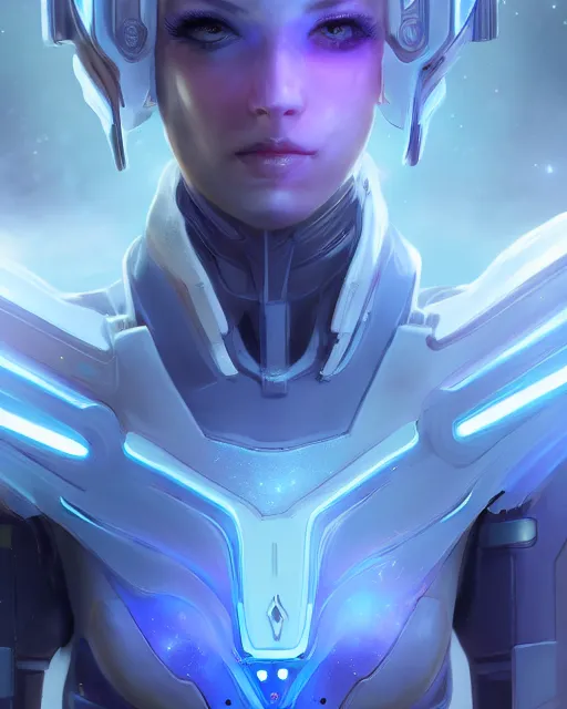 Image similar to perfect android girl on a mothership, warframe armor, beautiful face, scifi, futuristic, galaxy, nebula, raytracing, dreamy, long white hair, blue cyborg eyes, sharp focus, cinematic lighting, highly detailed, artstation, divine, by gauthier leblanc, kazuya takahashi, huifeng huang