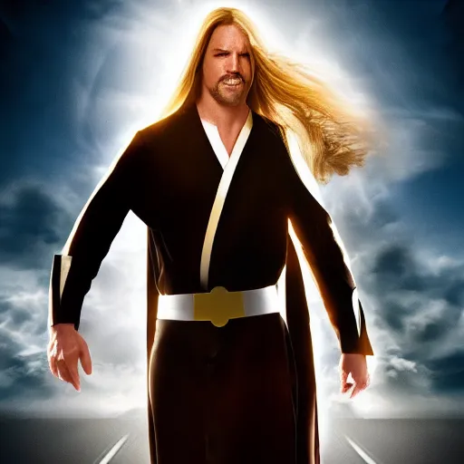 Prompt: action movie hero wearing dressed in priest's robes. movie poster. 4k. Long flowing hair.