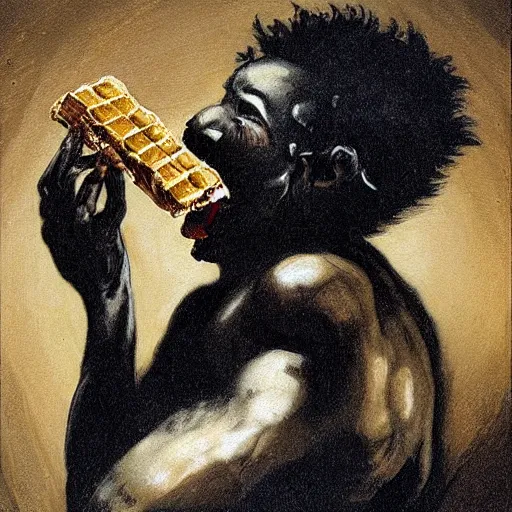 Image similar to saturn devouring a snickers chocolate bar, goya painting, in the style of goya and greg rutkowski, in the style of black paintings, 8 k, highly realistic