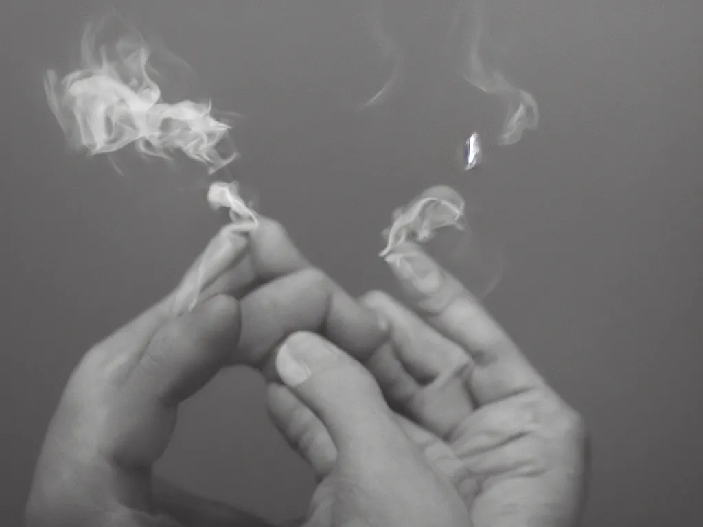 Image similar to Close-up view of hyperrealistic thin soft hand holding cigarette with smoke, by George Marks, hyper realism, 4K