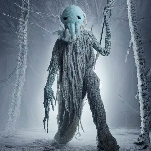 Image similar to humanoid ethereal ghostly live action muppet wraith like figure with a squid shaped parasite overtaking its head with two arms and four long tentacles for arms growing from its back that flow gracefully at its sides while it floats around the frozen woods searching for lost souls and that hide in the shadows in the trees, this character can control the ice, snow, shadows, and electricity, it is a real muppet by sesame street, photo realistic, real, realistic, felt, stopmotion, photography, sesame street