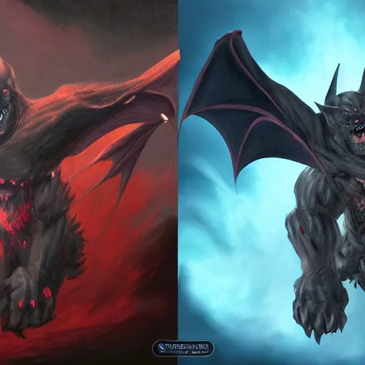 Image similar to front and back character view of scary, giant, mutant, mutated, dark blue humanoid bat, glowing red eyes, flying above a stormy ocean, sharp teeth, acid leaking from mouth, realistic, giant, bat ears, bat nose, bat claws, bat wings, furred, covered in soft fur, detailed, trending on artstation clean concept art and sheet that using unreal engine 5 render and hyper detailed 3D texture with cinematic software light 85mm f/1.4