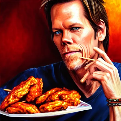 Prompt: Portrait of Kevin Bacon eating hot wings, fantasy, D&D, intricate, highly detailed, digital painting, trending on artstation, sharp focus, illustration, style of Stanley Artgerm