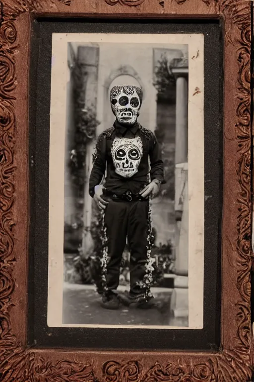 Image similar to vintage 35mm photo portrait of a man wearing a traditional day of the dead masks in the style of Jason Edmiston