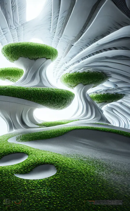 Image similar to highly detailed ultra sharp 3 d render cinematic composition of a smooth ceramic sand porcelain magnolia stone fluid fractal sci - fi surreal architecture landscape, white marble, magnesium, foliage, vincent callebaut composition, mamou - mani, archviz, beautiful lighting, 8 k, unreal engine, hdr, dof