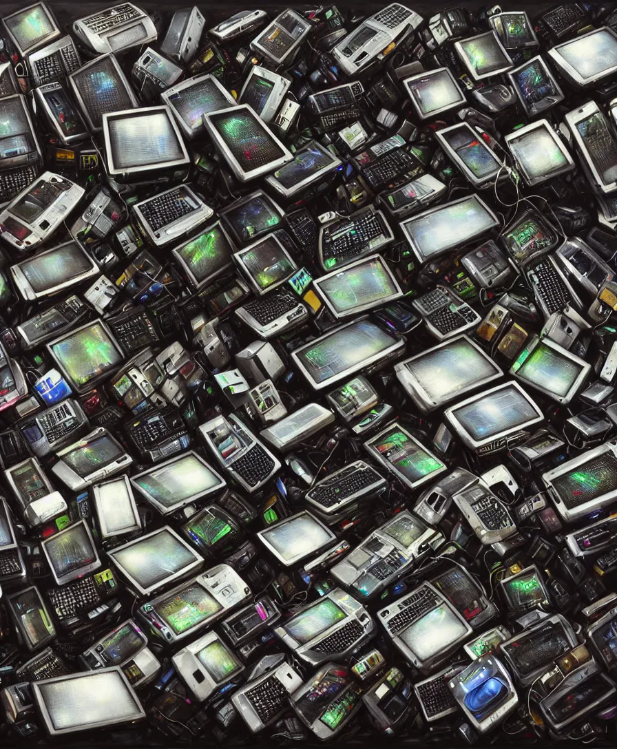 Image similar to realistic photo of piles of electronic waste of computers, mobiles and other items, very sharp focus, very hyper realistic, art of greg rutsowski, highly detailed, fantasy art station